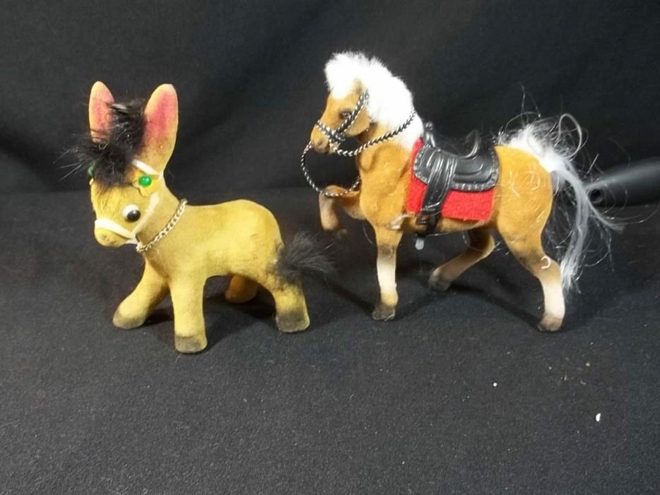 Vintage Flocked Horse and Donkey Animal Figurines