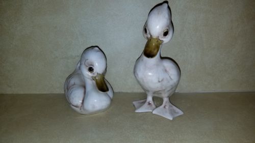 Pair Duck Figurines by Anthony Freeman McFarlin USA Ceramic Cream w/Brown Glaze