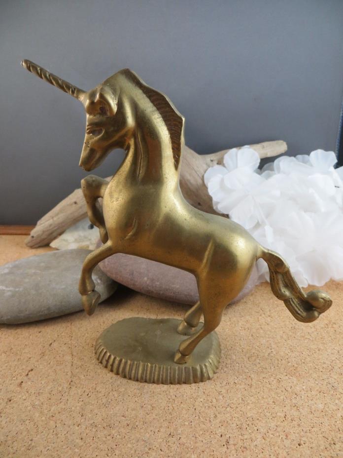 Vintage Antique Brass Metal Rearing Horse Unicorn Figurine on base 6