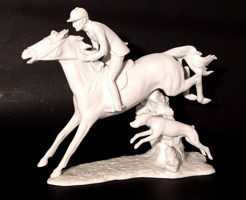 Kaiser White Bisque Porcelain Fox Hunt Jumping Horse Dog Large Figurine Signed