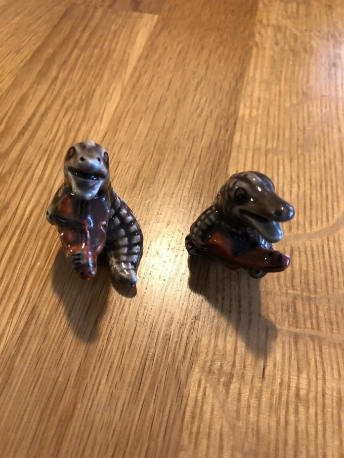 Bone China Miniature Animals-Vintage Pair Alligators Playing Music Instruments