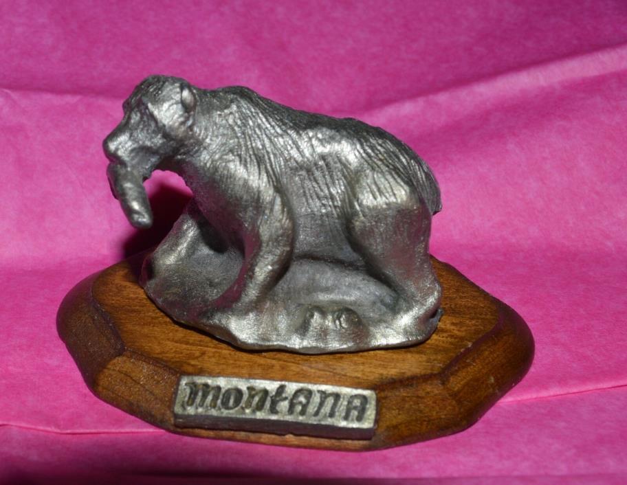 Bear With Fish Metal Heavy Miniature Figurine 2” Montana with Wood Stand