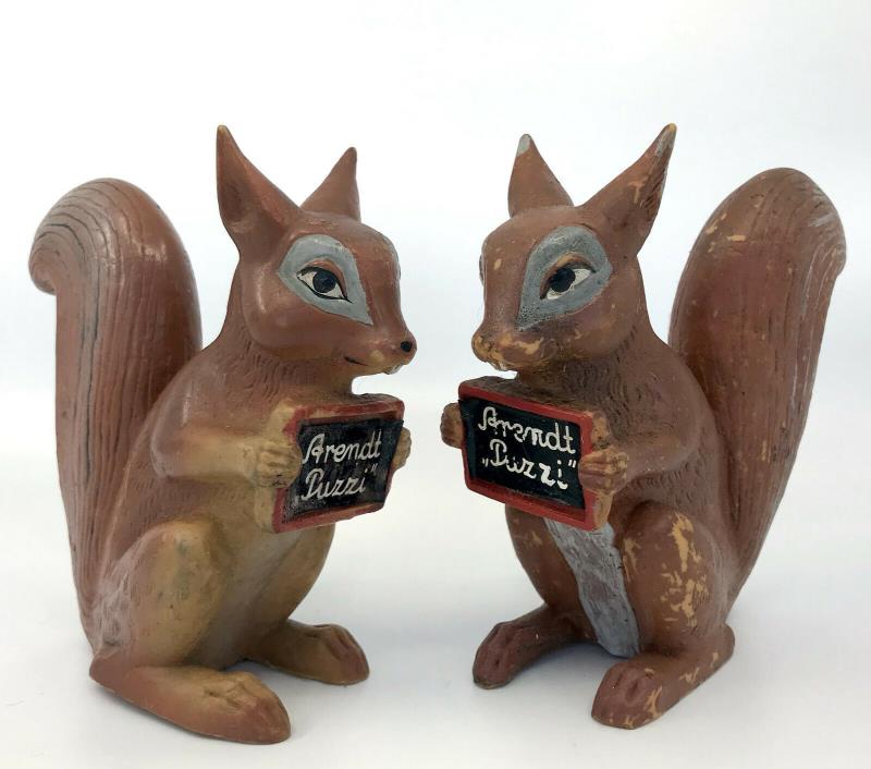 Rubber Squirrel Figure x 2 Holding Signs Arendt Puzzi 5in 1940s to 60s Germany
