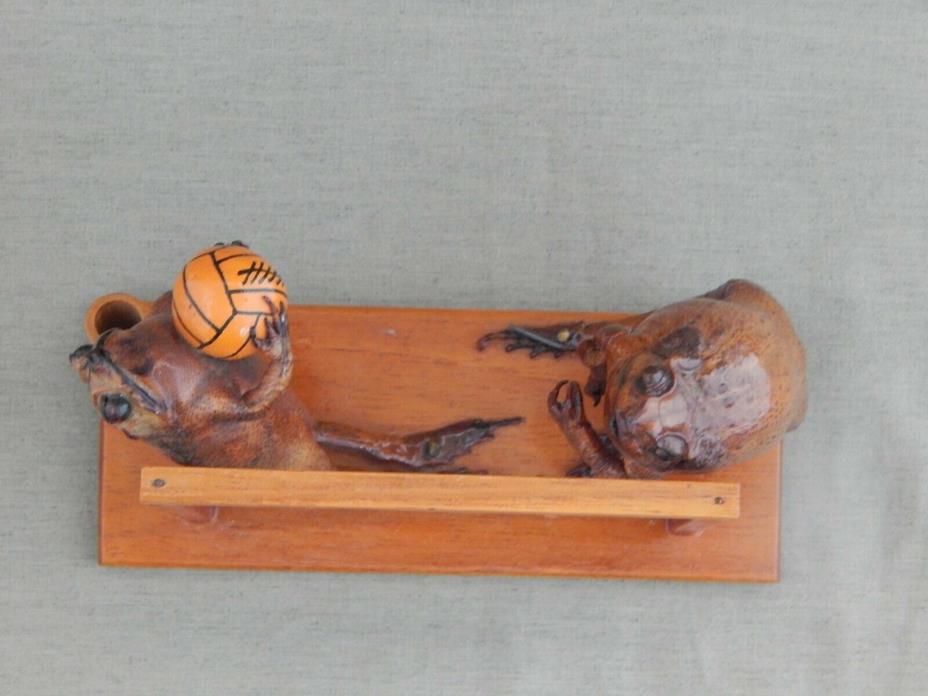 REAL PRESERVED FROGS PLAYING SOCCER ,GOALIE SAVING A GOAL.