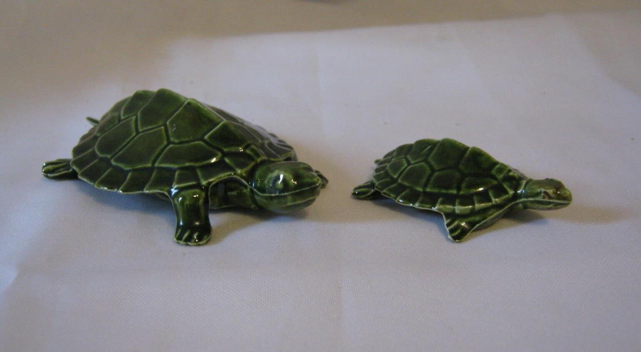 Vintage Pair Ceramic Miniature Green Turtle Figurines Unbranded