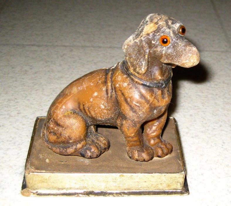 WESTERN GERMANY ANTIQUE WAX WEINER DOG FIGURINE WITH GLASS EYES / ANTIQUE GERMAN