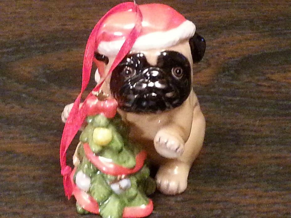 Porcelain PUG Holiday Ornament Dog Figurine Christmas Decoration DNC Arcadia NIB