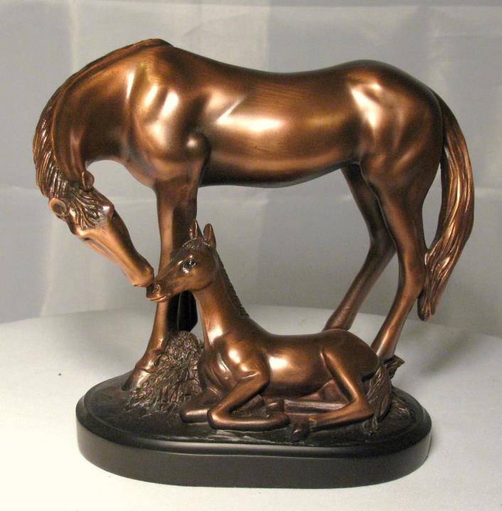 COPPER PLATED CAST RESIN MARE AND FOAL FIGURINE BY MARIAN IMPORTS