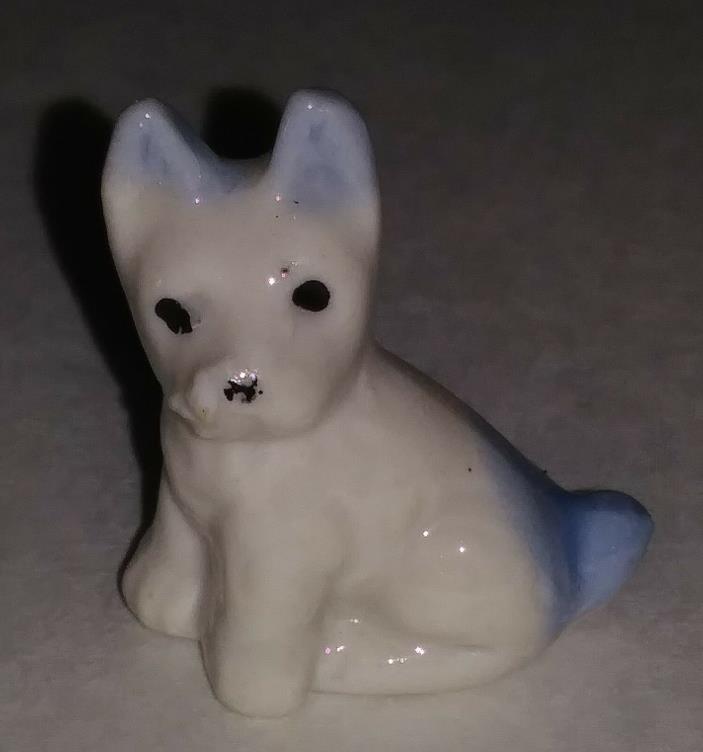Vintage Impressed Japan Mark Ceramic Terrier Puppy White Blue Sitting Figure