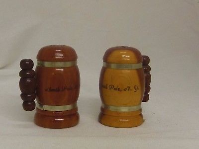 Vintage 1958 wooden stein mug shaped North Pole salt and pepper shaker set