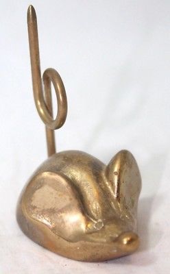 Tiny Solid Brass Mouse Paperweight Memo Note Holder Figurine 2.75