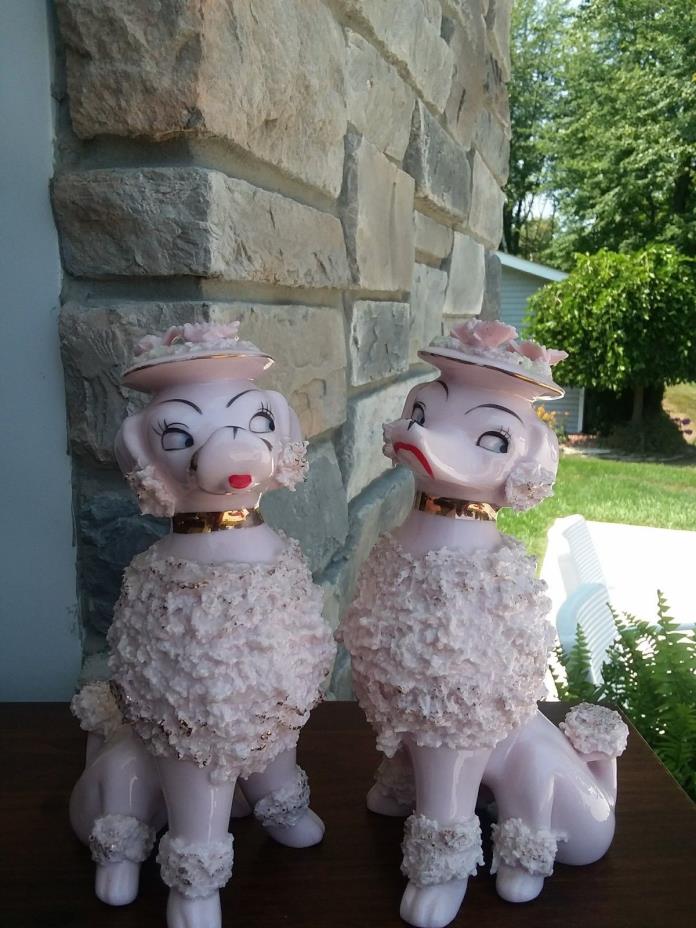 2 Vintage Spaghetti Pink Sitting Poodle Ceramic Porcelain Retro Figurines pair