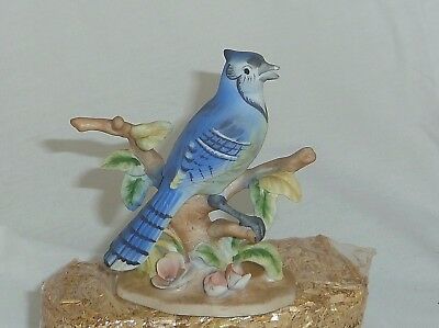 Vintage Blue Jay 4.5in Bisque porcelain bird figurine Napco GC Japan Fine China