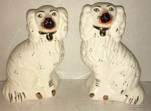 Pair of Staffordshire White & Gold Spaniel Dog Figurines