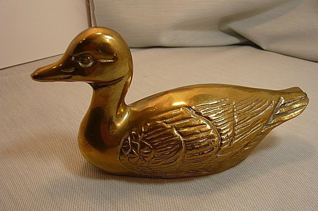 VINTAGE BRASS SWIMMING DUCK FIGURINE/PAPERWEIGHT-Nice Detail-About 1 3/4 x 6 