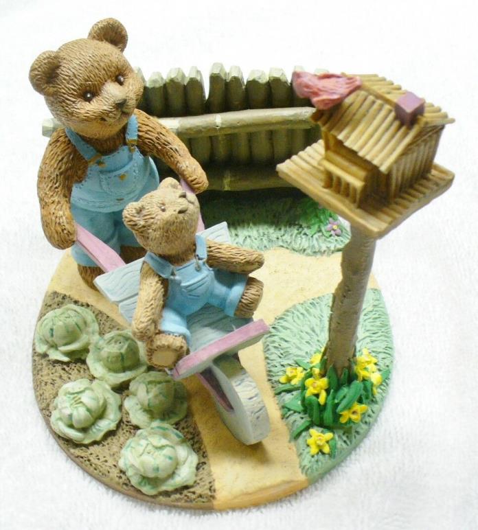 Vintage TEDDY BEAR TALES-Backyard Scene-Resin Bear Figurine w/Wheel Barrow