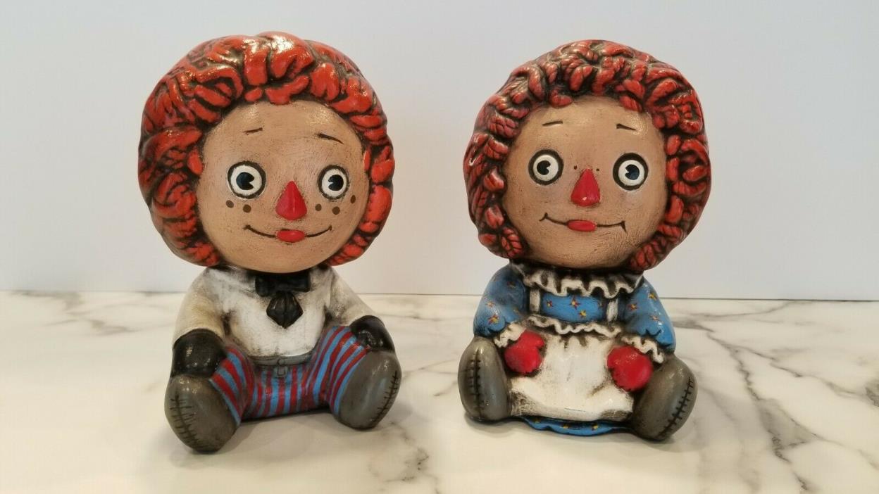 Vintage Retro Pair Raggedy Ann & Andy Ceramic Figurines, Yozie Molds