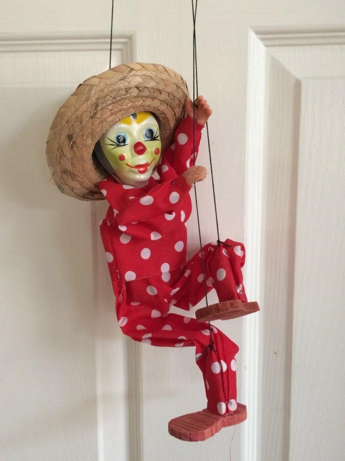 Vintage Marionette Puppet Mexican Clown Painted Mexico Folk Art Big Sombrero Red