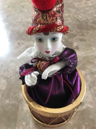 Musical Moving Clown In Drum Collectible Figurine Toy Tested Works 11” Tall