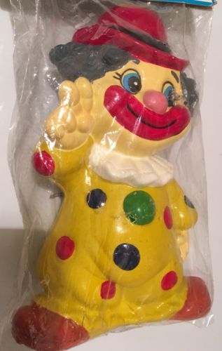 CUTE COLORFUL Vintage Plastic 7.5” CLOWN BANK New Seal Yellow Polka Dots