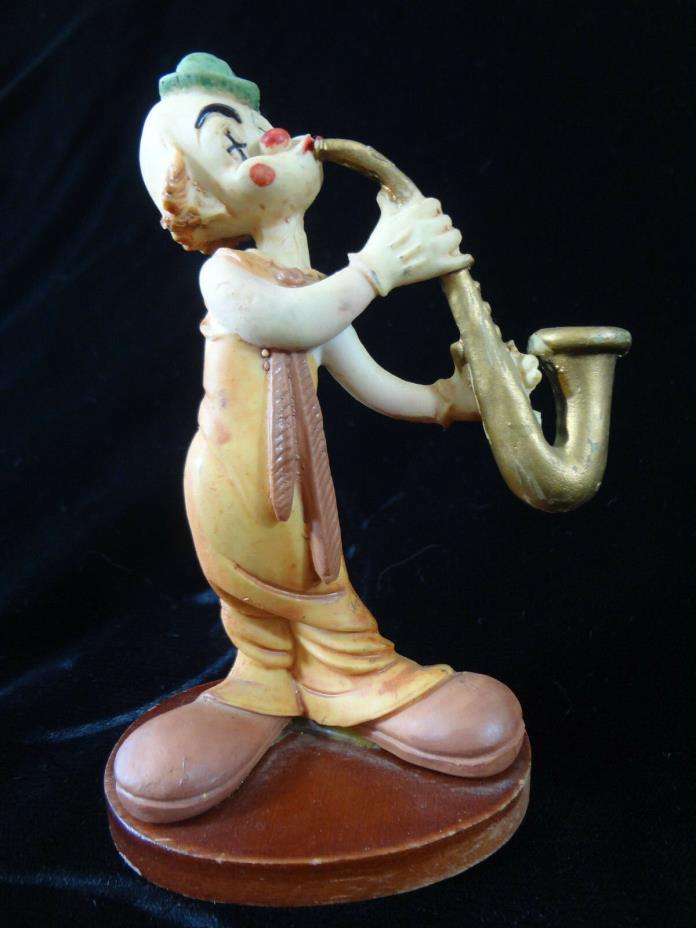 Vintage Man Clown Figurine - Music -  Blowing the Saxaphone Horn - Wood Stand