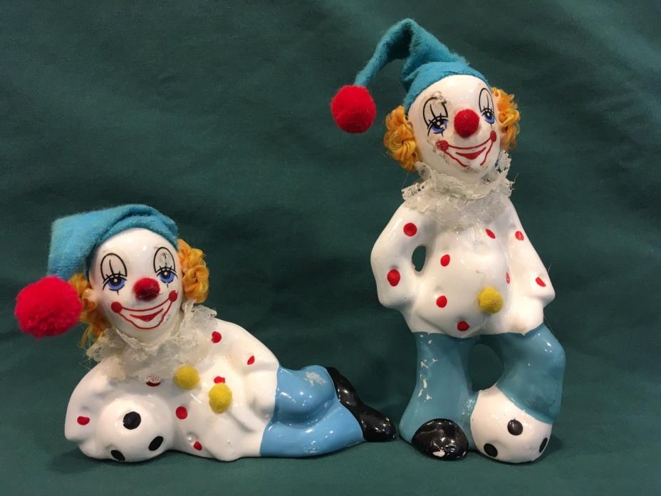 2 Clown FIGURINES Ceramic FABRIC CLOTH POM POMS LACE Set TURQUOISE Vintage