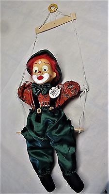 CLOWN DOLL ON A SWING w/ Tag Red Hair Green Pants Hat Bow Tie Vtg