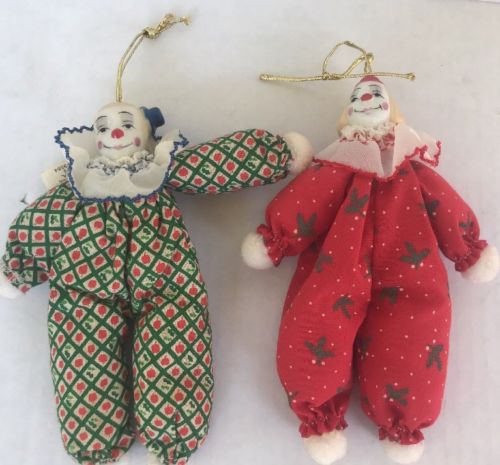 VINTAGE 1985 ENESCO set of 2 clown ornaments porcelain heads 6.5 