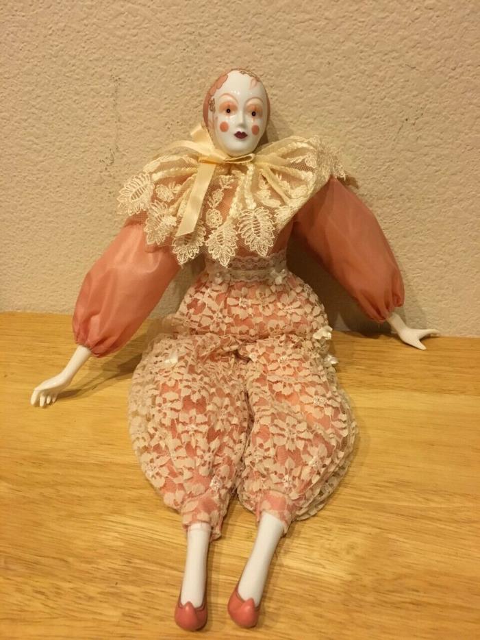 Vintage Pierrot Clown Porcelain Plush Doll with Peach Lace Costume 17