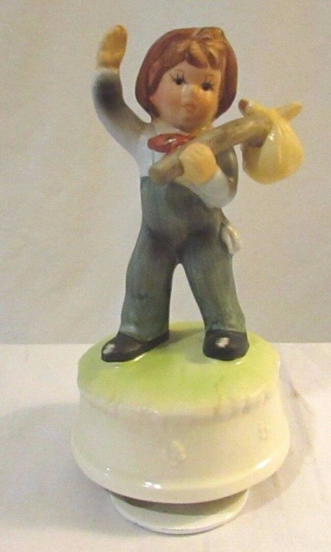 Willetts Music Box Figure Boy With Hobo Stick Plays 