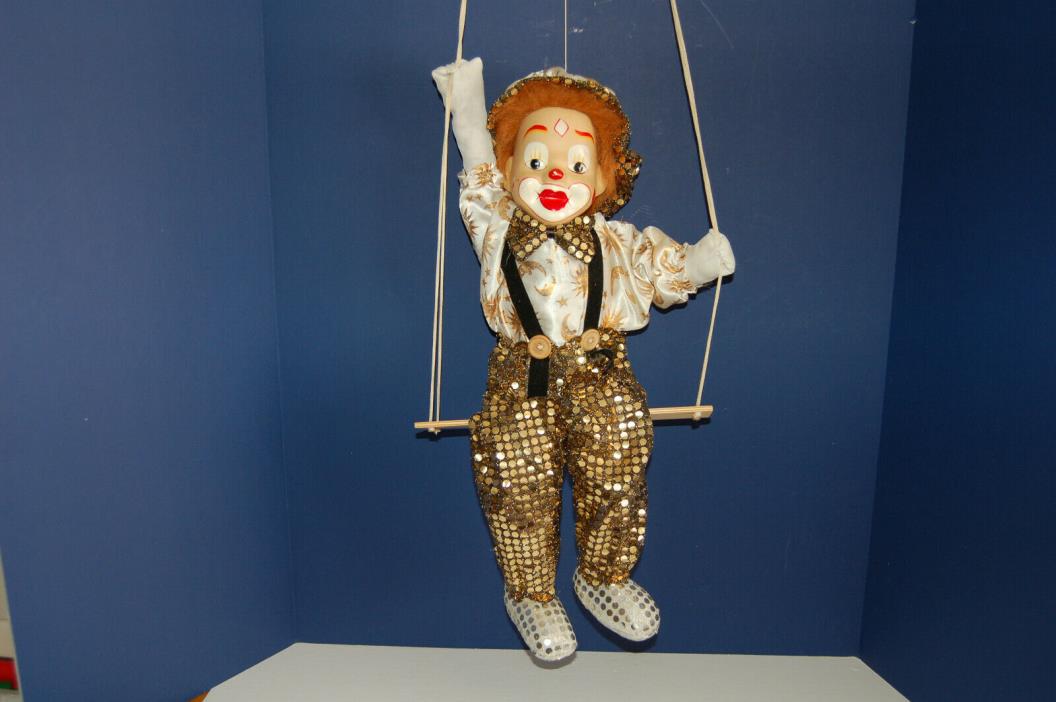 Vintage Clown on a swing circus marionette puppet with porcelain head