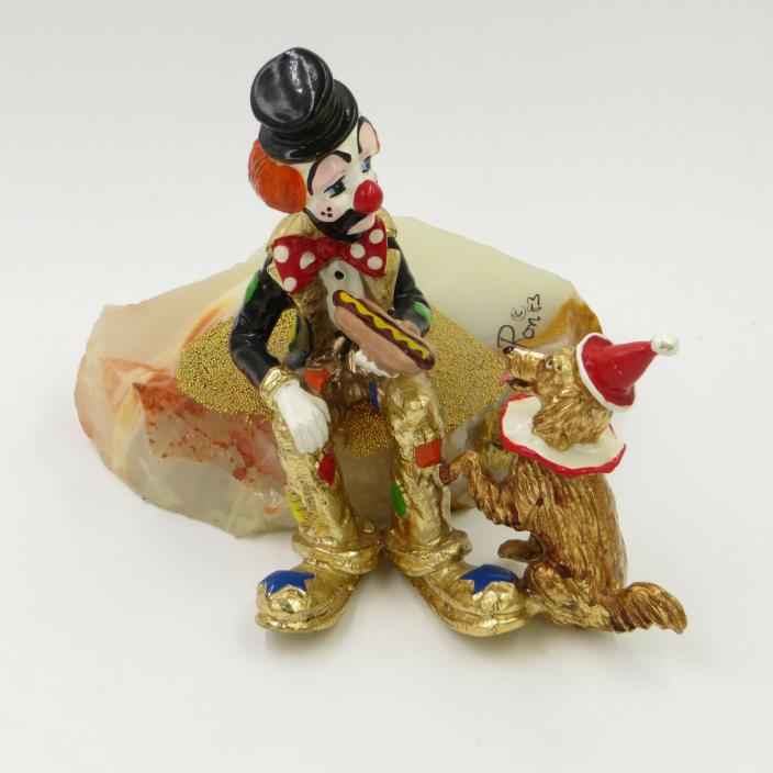 Ron Lee 1982 Clown with Dog & Hot Dog Gold Plated Pewter Signed/Painted Figurine