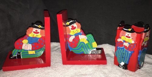 2 Clown Circus Wood Book-ends + Matching Pencil Holder Red Colorful Cute!!