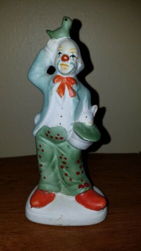 Porcelain Clown Figurine, Rabbit in hat, Bird on head, Orange & Green, 6 1/4