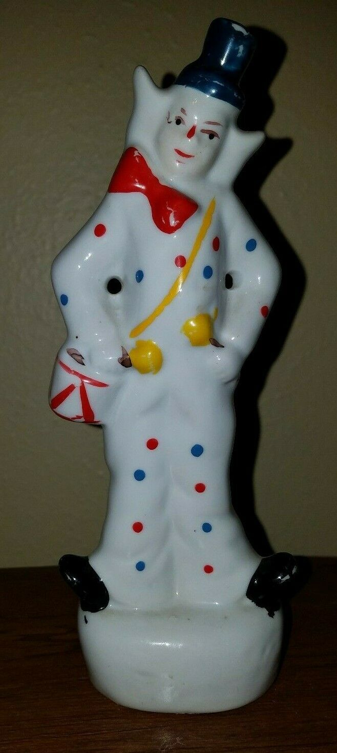 Glazed Porcelain Clown Figurine, Bright Colors, Polka Dots, Drum, 7