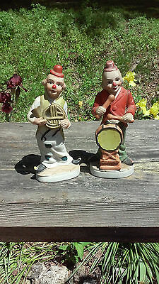 2 vintage clown ceramic bisque one with french horn one with drums