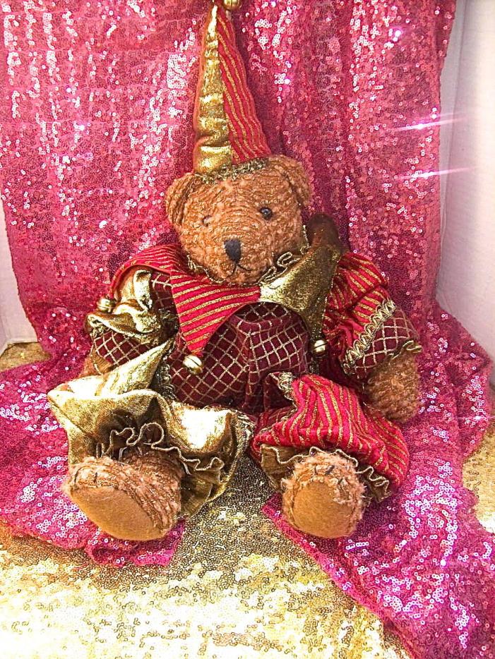 MARK ROBERTS CHRISTMAS HOLIDAY TEDDY BEAR JESTER FIGURINE DECORATION ORNAMENT.