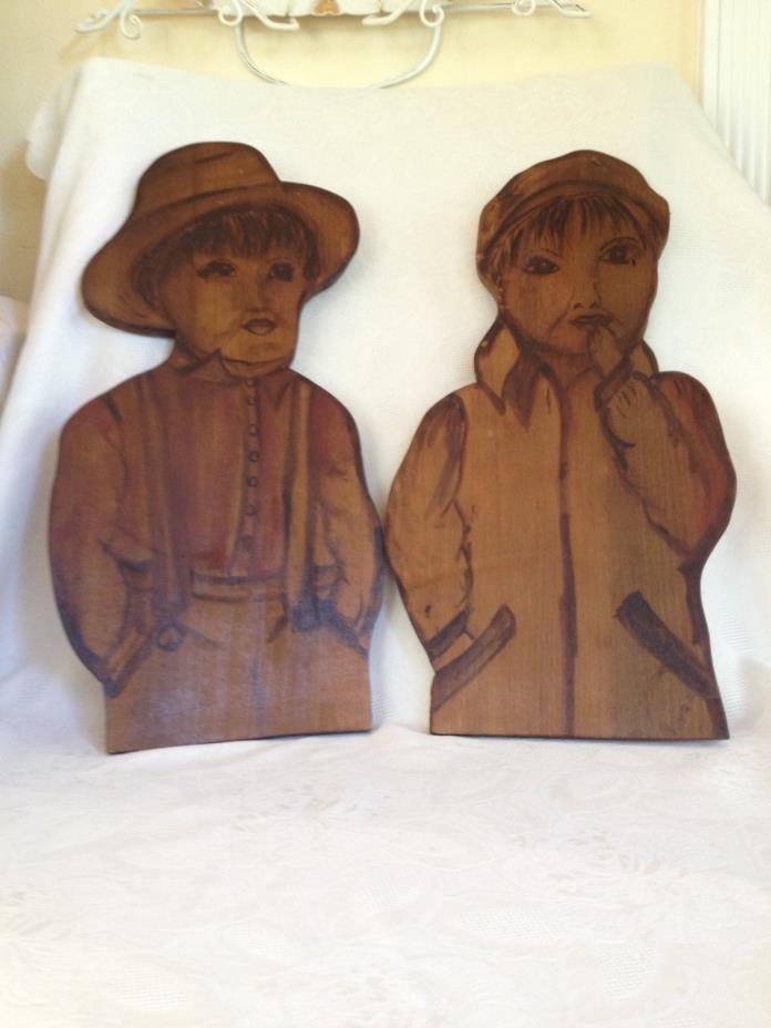 Vintage Pair Wooden Hand Painted Amish Boy & Girl Wall Hangings 19