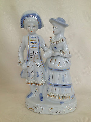 Victorian Colonial Blue and White Couple Figurine with Gold Trim