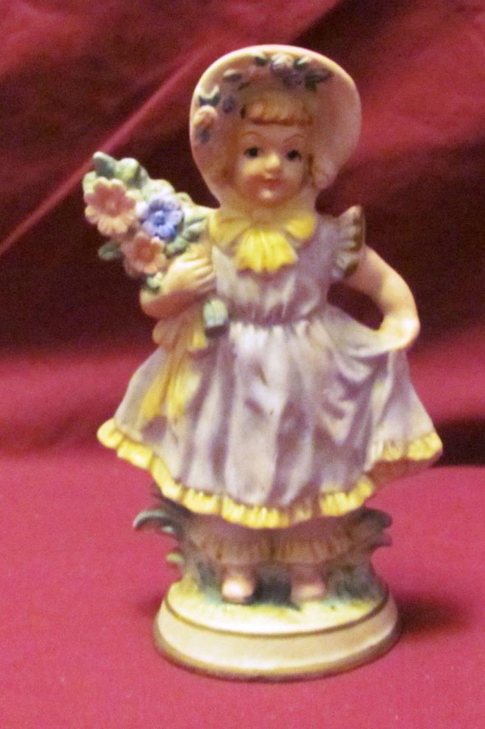 Vintage Porcelain Girl Figurine with Bouquet of Flowers Wearing Bonnet