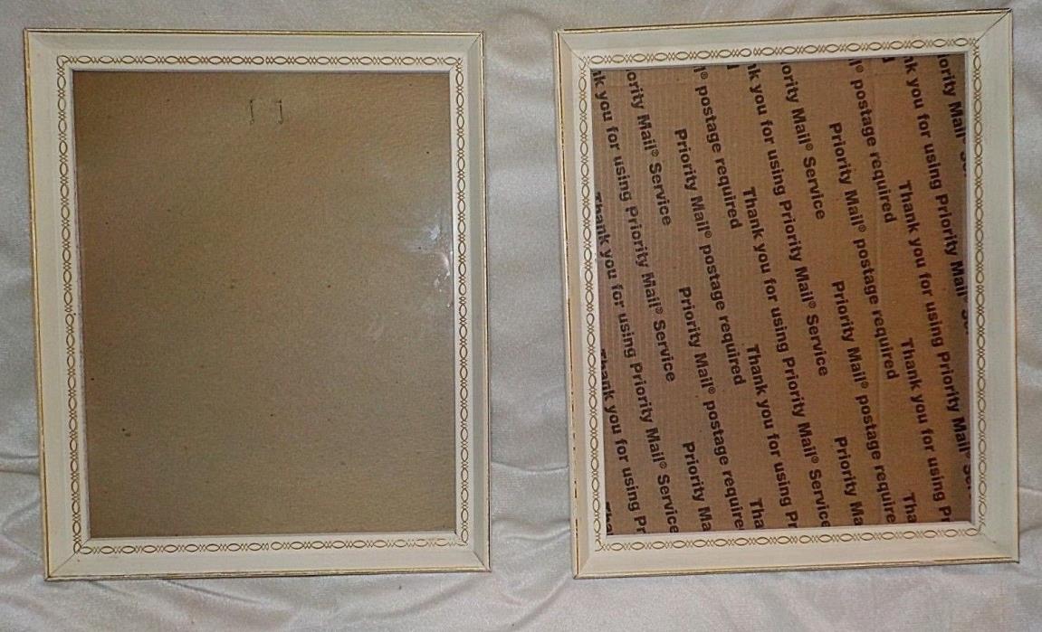 Pair of mid-century white & gold wood frames, 8x10, reg clear glass, flex tabs