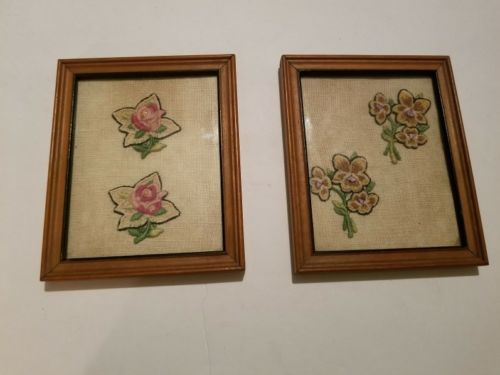 Antique Vintage  Burlap Cross Stitch Pictures  Wooden Frames