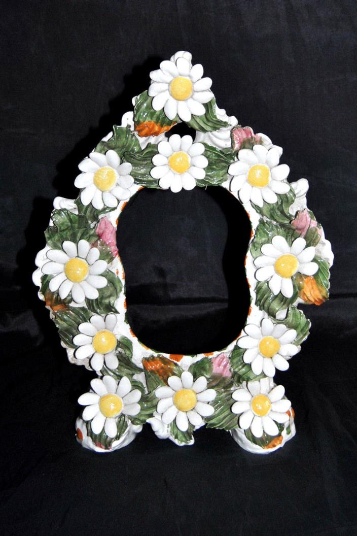 Mid Century Italy Porcelain Sculptural Daisy Picture Table Top Frame NICE RARE
