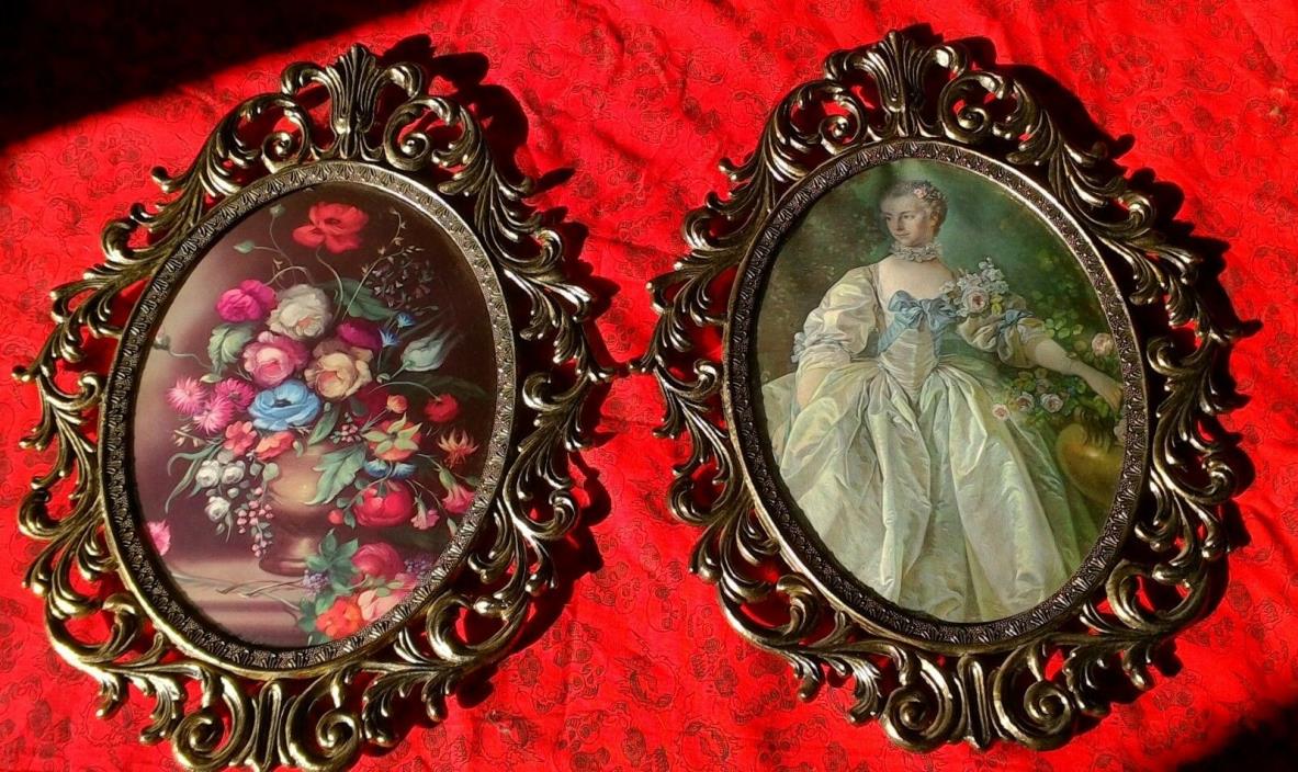 2 Vintage Gold Ornate Metal Oval Italy picture Frame convex