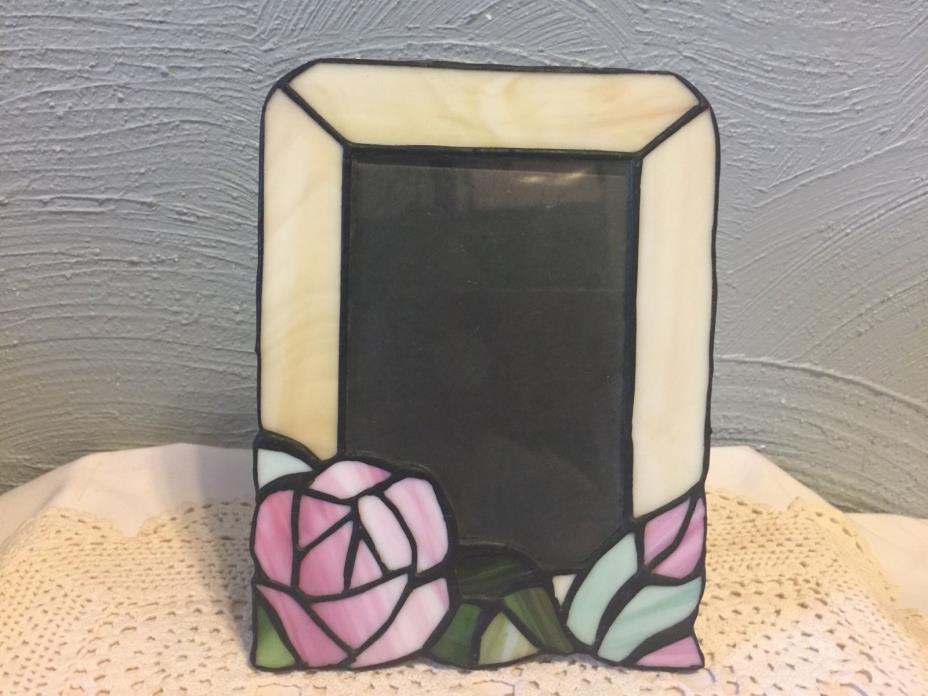 Vintage tiffany style stained glass picture frame pink rose