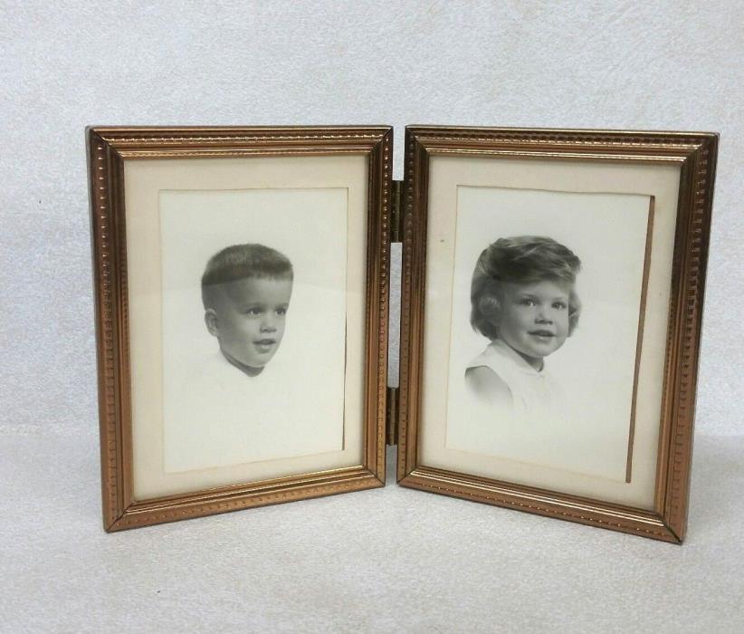 Vintage Double Picture Frame Portrait Detailed Brass Metal 7'' x 4 1/2
