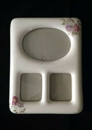 Ivory/Pastel Floral Accents Ceramic Picture Frame//Holds 3 Small Pictures