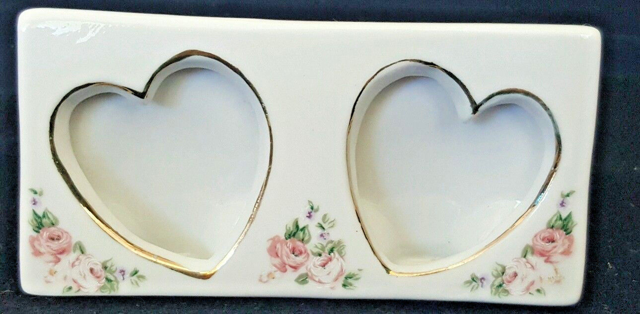 Vintage Porcelain Double Heart Picture Frame Gold Trim Flower Accents Nice Gift
