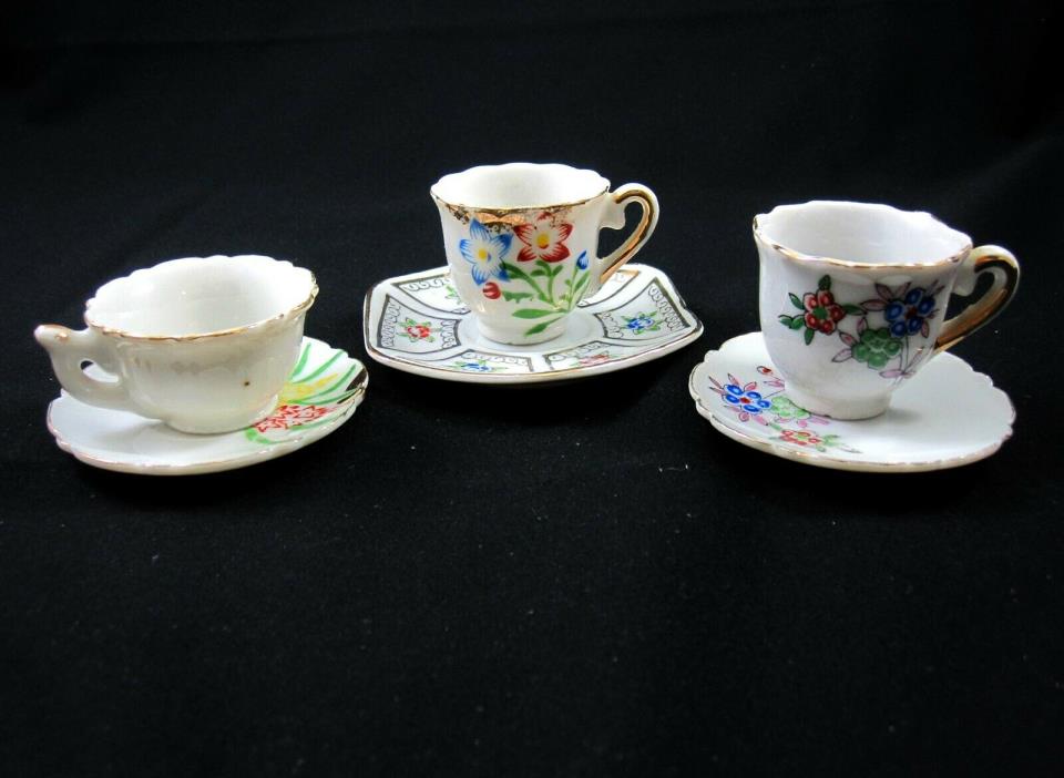 Miniature Lot 3 Tiny Tea Cups Saucers Japan Bone China Porcelain Hand Painted