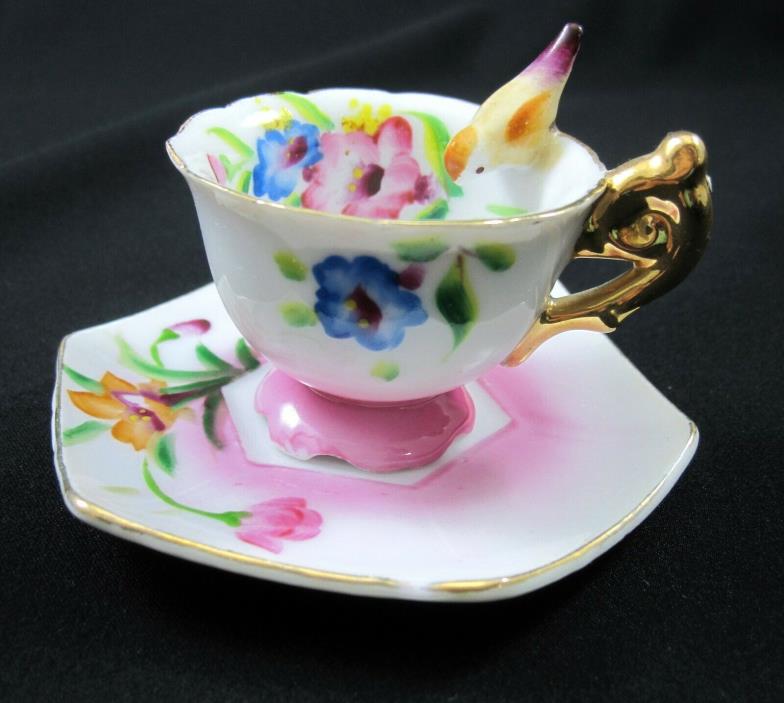 Miniature Tea Cup and Saucer with Bird Hand Painted Japan Mini Porcelain